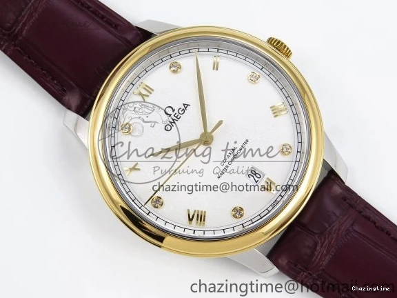 0421 De Ville Date YG MKF 1:1 Best Edition White Textured Dial Diamonds Marker on Brown Leather Strap A WaterResistant 7754